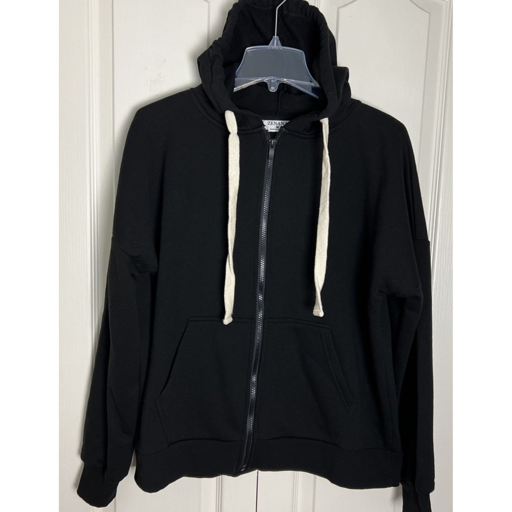 Zenana Womens Sweatshirt Hoodie Fleece Size Medium  Blk Long Sleeve Full Zip B42
